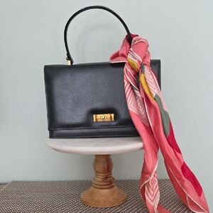 Vintage Marchioness Elegant Black Leather Handbag with Pink Scarf
